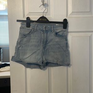 Cropped high waisted Dex light blue wash stretchy jean shorts